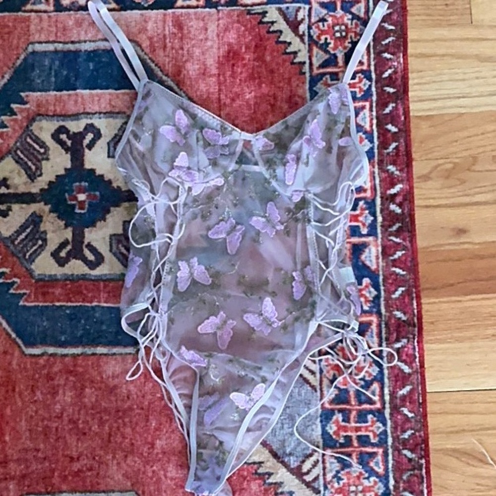 Sheer Bodysuit with Purple Butterfly Design